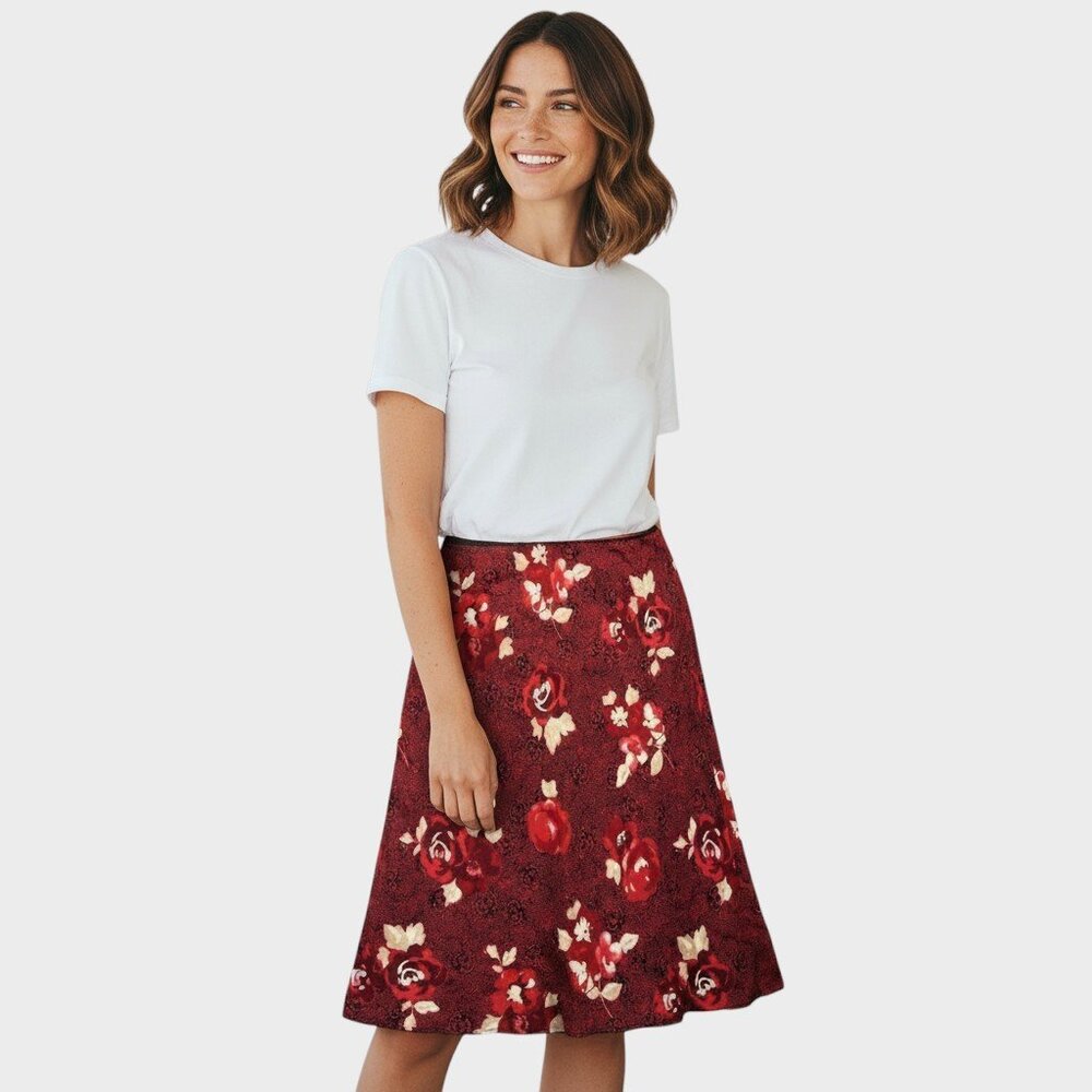 Lily Skirt Womens Medium Burgundy Floral A Line Midi Mob Luxe Elegant